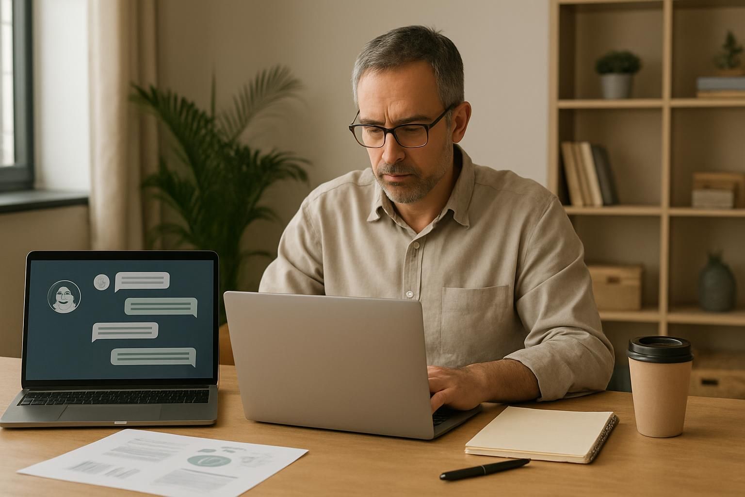 Illustration of an inbox with messages being sorted, standing for support questions routed between an assistant and a person