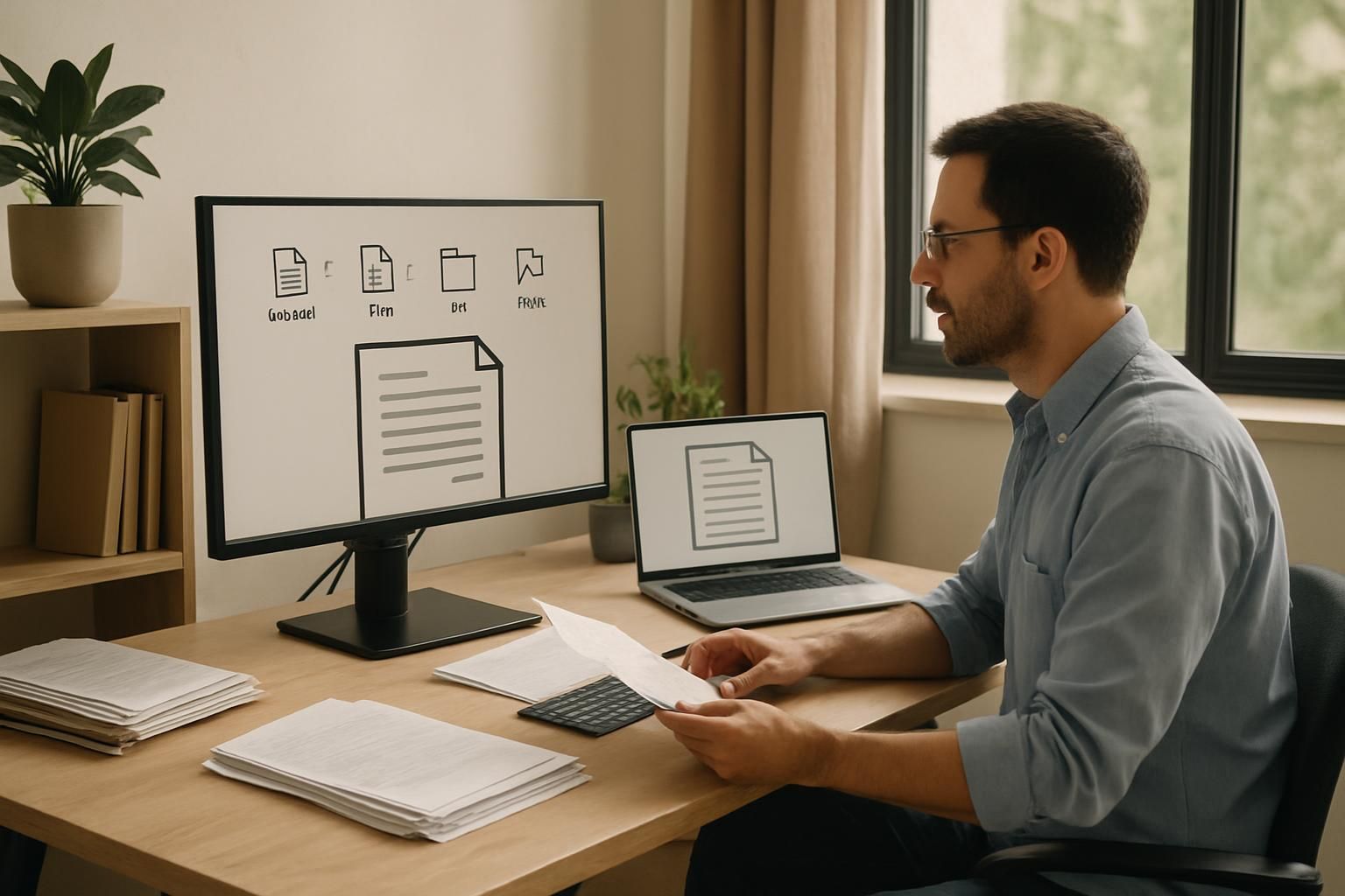Illustration of stacked documents with a check mark, standing for invoices sorted and extracted automatically